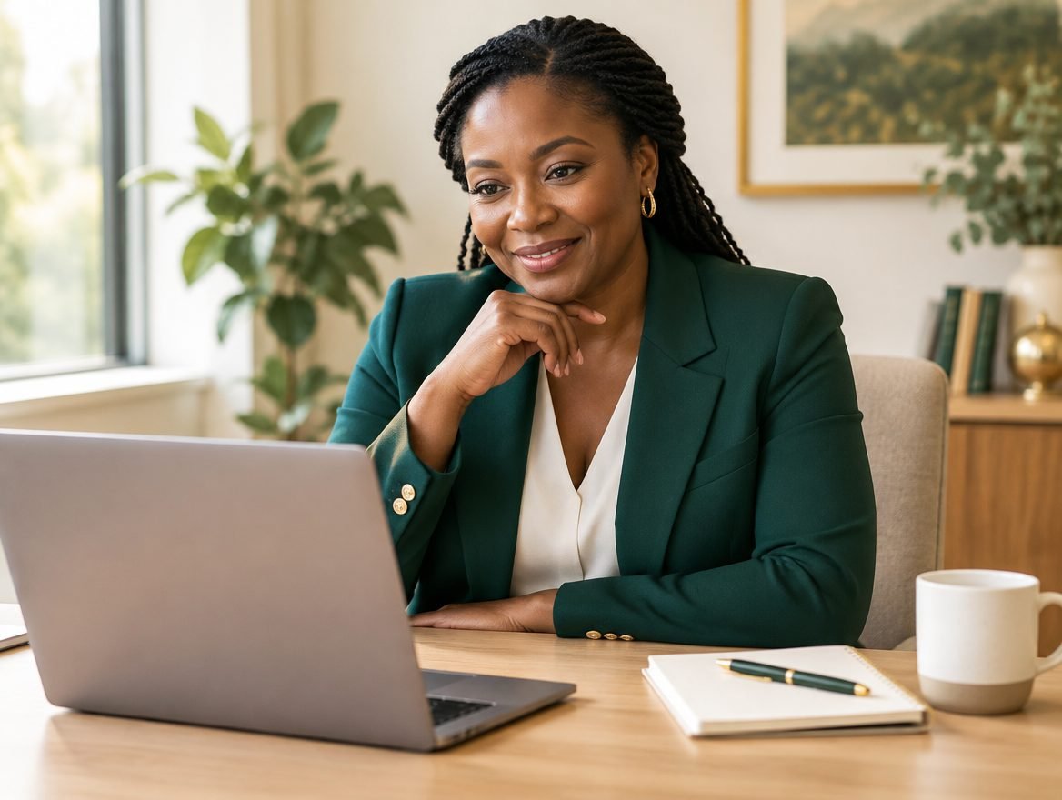 Image illustrative : conseillère en visioconférence avec une personne accompagnée, dans un bureau lumineux