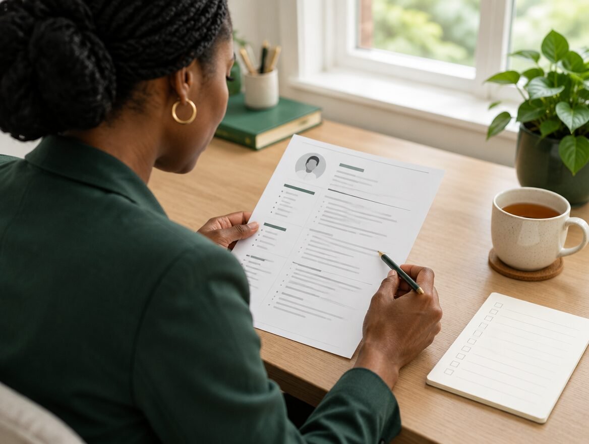 Image illustrative : professionnelle relisant un CV imprimé au stylo