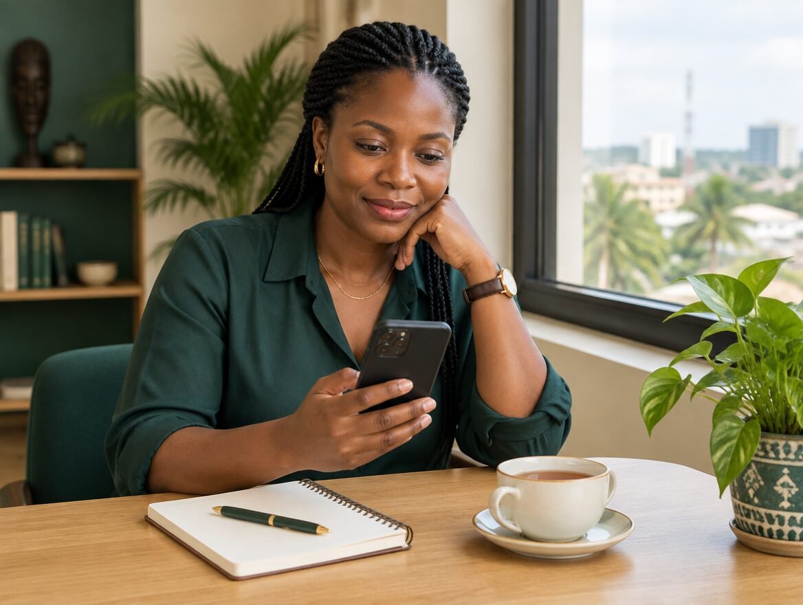 Image illustrative : professionnelle lisant un e-mail sur son téléphone